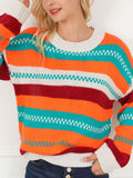 Contrast Striped Round Neck Long Sleeve Sweater