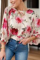 Tied Floral Round Neck Three-Quarter Sleeve Blouse