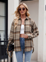 Pocketed Plaid Collared Neck Long Sleeve Shirt