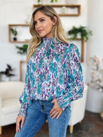 Double Take Full Size Printed Smocked Long Sleeve Blouse