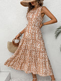 Frill Cutout Printed Round Neck Sleeveless Dress