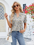 Ruched Printed Notched Short Sleeve Blouse