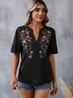 Embroidered Notched Short Sleeve T-Shirt