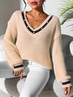 Contrast Trim V-Neck Long Sleeve Sweater