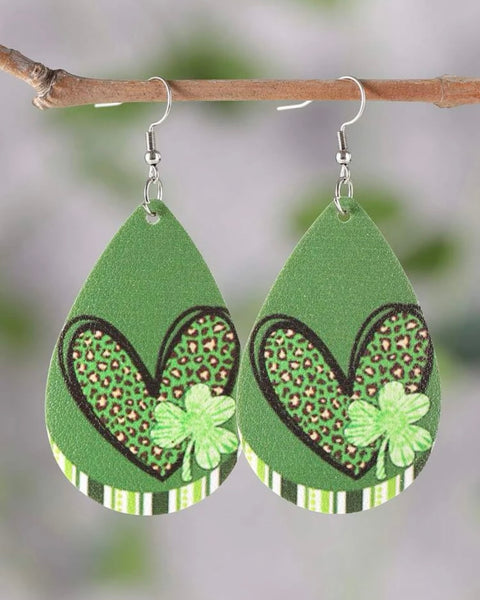 Green Leopard Print Heart + Clover Earrings