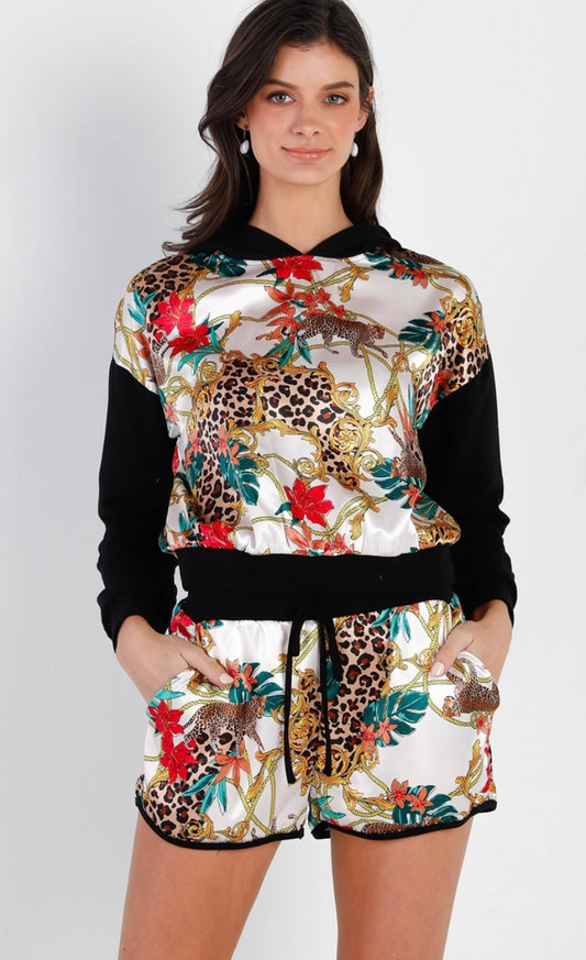 Satin Effect Animal Print Hooded Top & Short Set