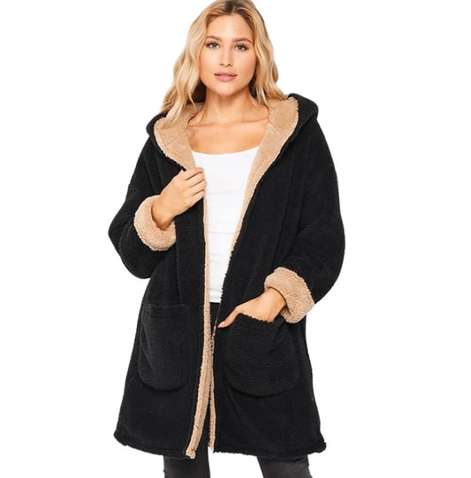 Color Contrast Sherpa Hoodie Cardigan