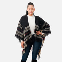 Striped Knit Ruana Wrap with Fringe Hem