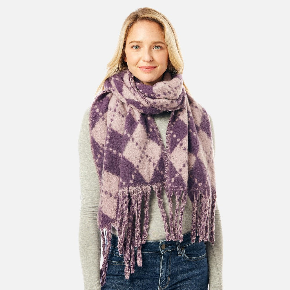 Fuzzy Argyle Scarf with Tassels