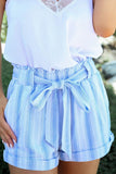 Light Blue Casual Striped Print Belted Shorts