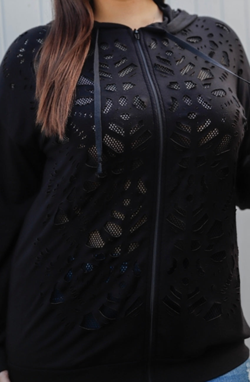 Becca’s Black Cut-Out Front Print Fishnet Lining Zip-Up Hooded Sweater