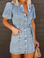 Puff Sleeve Button Up Mini Denim Dress