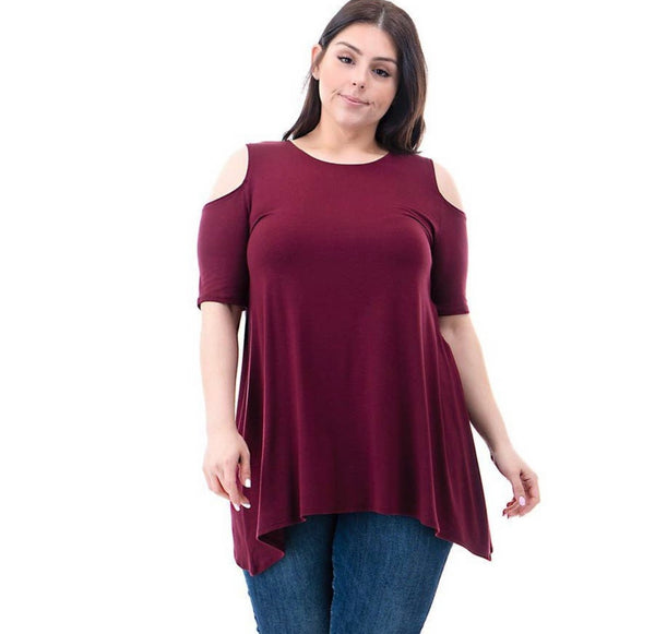 Solid Curvy Cold Shoulder Flowy Tunic Top- Wine & Navy