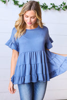 Denim Ruffle Frill Short Sleeve Swing Knit Top