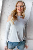 Grey Stripe Cold Shoulder Cut Out Knit Top