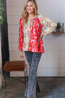 Scarlet Paisley and Floral Chevron Bubble Sleeve Top