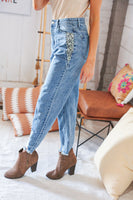 High Waist Leopard Print Washed Pocketed Ankle Torn Jeans