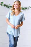 Ash Blue Wool Dobby Rolled Sleeve V Neck Top