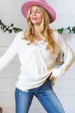 Cream Rib Lace V Neck Button Detail Top
