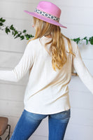 Cream Rib Lace V Neck Button Detail Top