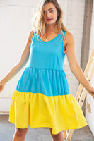 Blue Flare Color Block Tiered Woven Dress