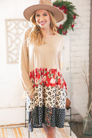 Taupe Floral & Leopard Print Tiered Pocketed Mid Dress