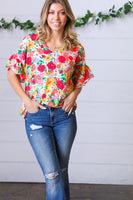 Red Flat Floral Pring Dolman Ruffle Frill Sleeve Blouse