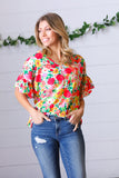 Red Flat Floral Pring Dolman Ruffle Frill Sleeve Blouse