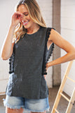 Charcoal Distressed Sleeveless Crochet Lace Top