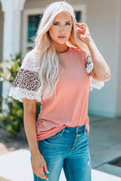 Leopard Lace Trim Ribbed Round Neck Top