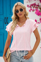 Eyelet Tie-Neck Flutter Sleeve Blouse