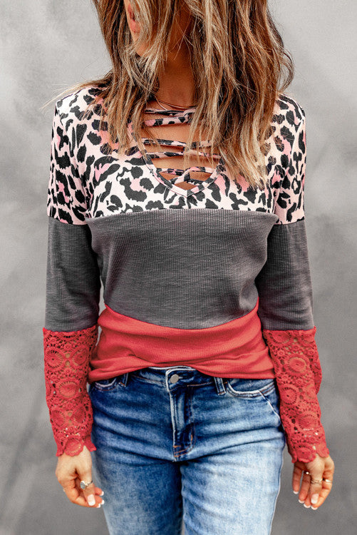 Lace Splicing Hollow-out Leopard Color Block Top