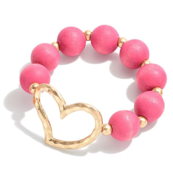 Pink Beaded Stretch Heart Bracelet