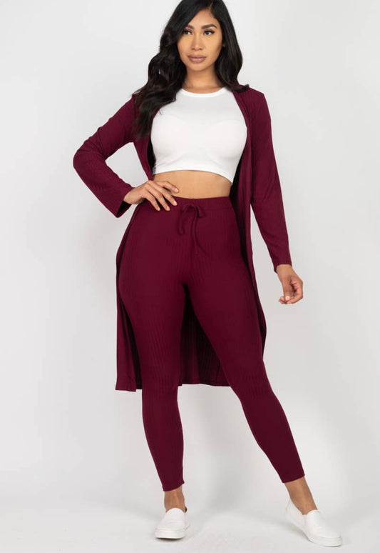 Burgandy Ribbed Cardigan & Leggings set