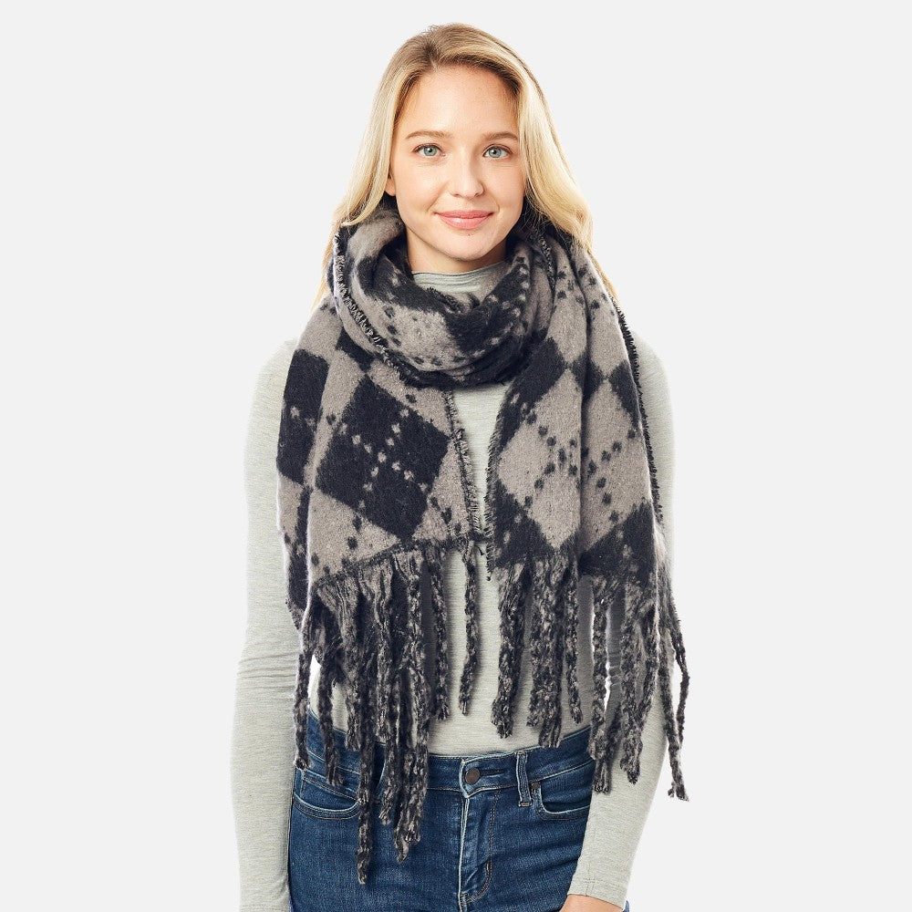 Fuzzy Argyle Scarf with Tassels