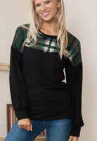 Acting Pro Green Plaid Contrast Long Sleeve W/ Side Slits-Curvy