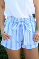 Light Blue Casual Striped Print Belted Shorts