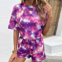 Tie Dye Round Neck Dropped Shoulder Half Sleeve Top and Shorts Set