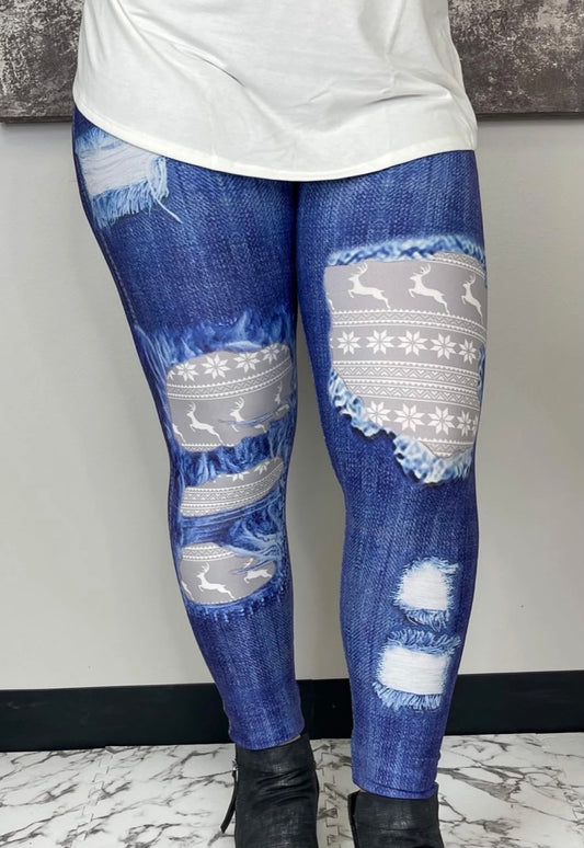 Reindeer distressed patched Leggings