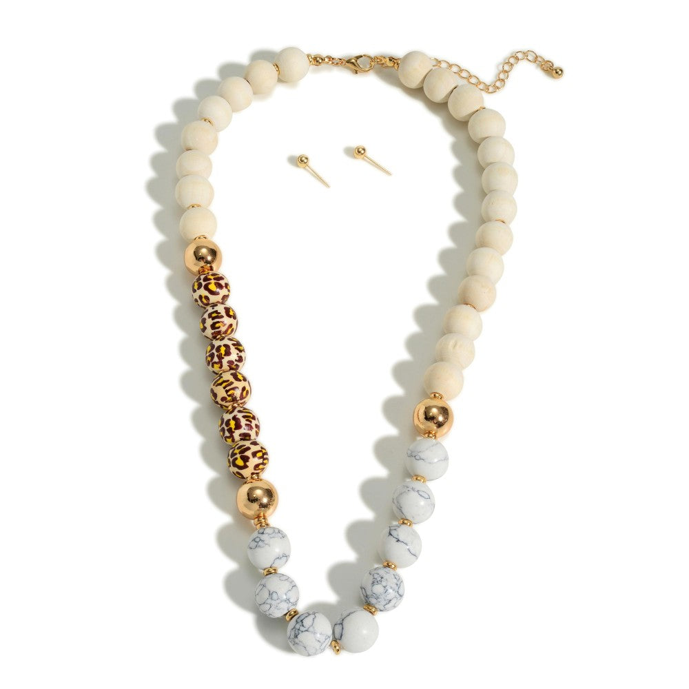 Wood and Stone Beaded Necklace + Earrings