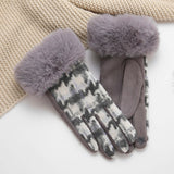 Faux Fur Cuff Houndstooth Gloves