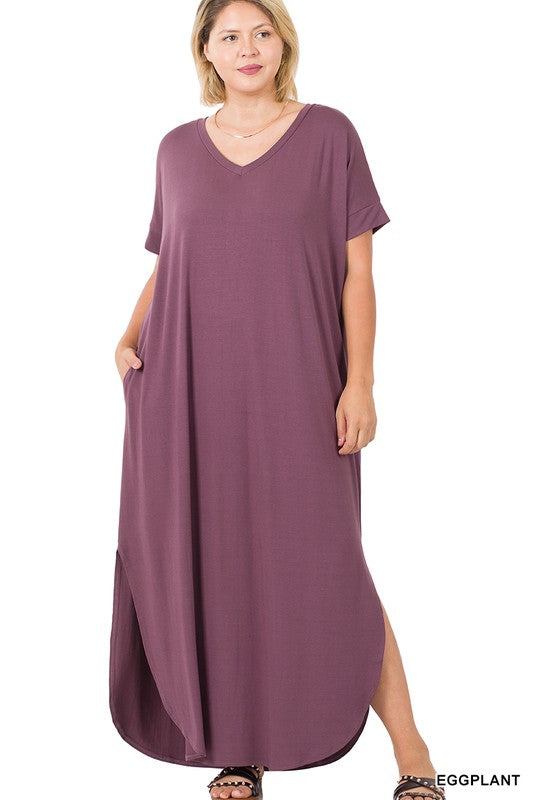 PLUS VISCOSE SIDE SLIT V NECK MAXI DRESS