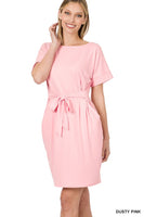 ZENANA BRUSHED DTY TIE-BELT DRESS