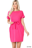 ZENANA BRUSHED DTY TIE-BELT DRESS