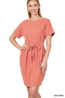 ZENANA BRUSHED DTY TIE-BELT DRESS