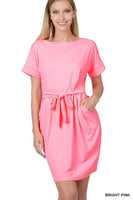 ZENANA BRUSHED DTY TIE-BELT DRESS