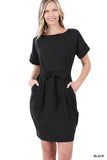 ZENANA BRUSHED DTY TIE-BELT DRESS