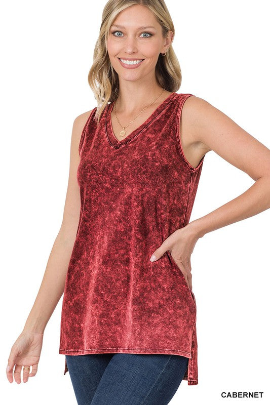 ZENANA MINERAL WASH SLEEVELESS V-NECK TOP WITH SIDE SLIT