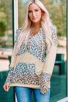 Leopard Color Block Buttoned Drawstring Detail Hoodie