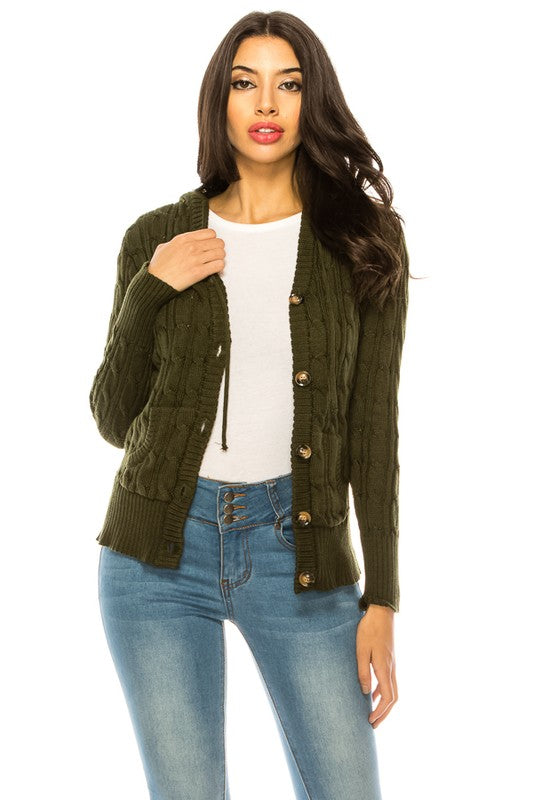 Cable Knit Sweater Hooded Cardigan - Curvy
